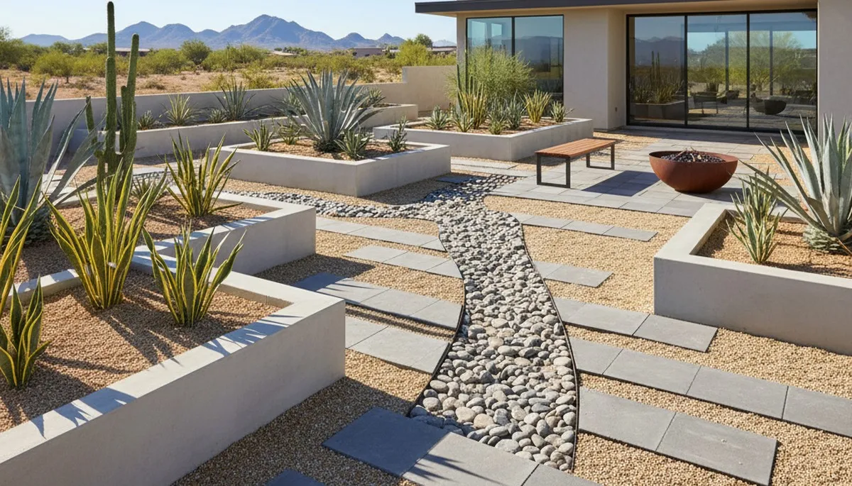 Modern pea gravel landscape design with clean lines and plants by Chop Chop Landscaping in Peoria, IL