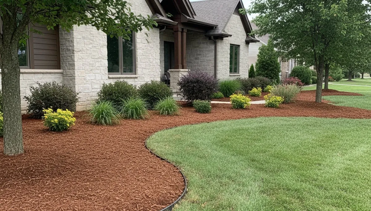 Freshly spread mulch beds with clean edges by professional landscapers in Peoria, IL
