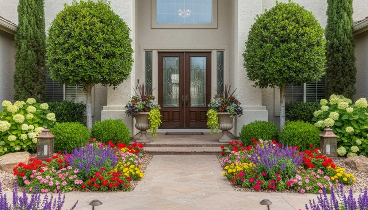 Front yard landscaping with colorful shrubs and flowers enhancing curb appeal in Peoria, IL
