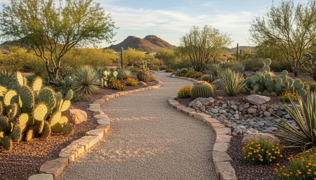 Pea gravel garden pathway in Peoria IL showcasing professional landscaping and low-maintenance design