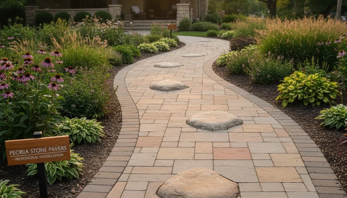Stone paver pathway installation in Peoria, IL residential landscape by Chop Chop Landscaping