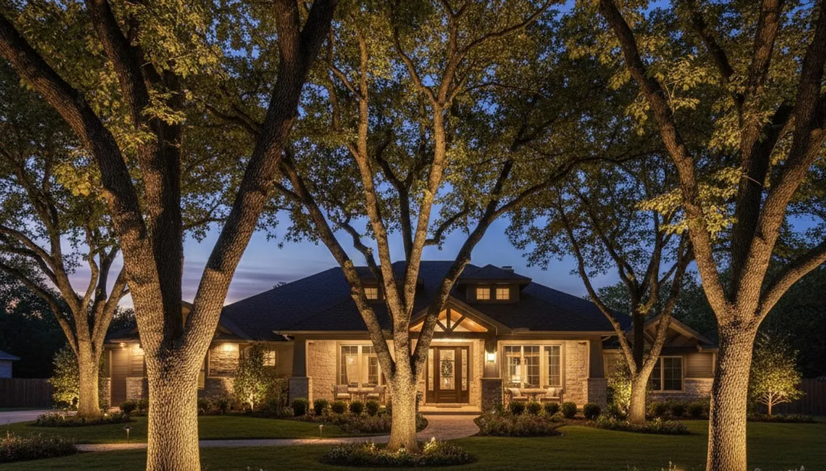 Tree uplighting at night by Chop Chop Landscaping in Peoria, IL highlighting professional landscape lighting